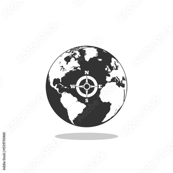 Fototapeta World globe with compass icon shadow
