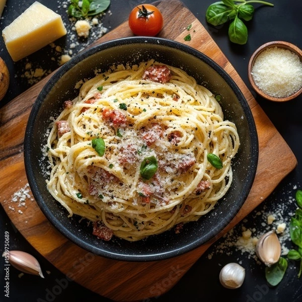 Obraz Overhead Shot of Creamy Spaghetti Carbonara with Tomatoes and Parmesan