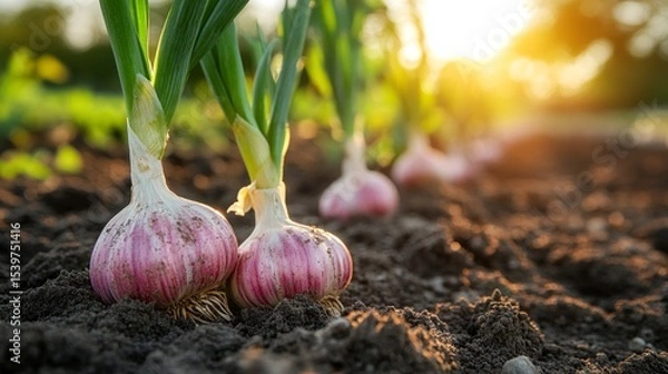 Fototapeta garlic plants growing in dark, rich soil, with their bulbs partially exposed and green shoots extending upwards