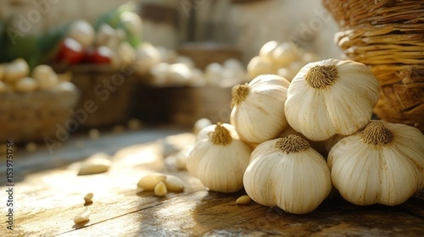 Fototapeta garlic bulbs on a rustic wooden surface, with their papery skins and brown roots clearly visible