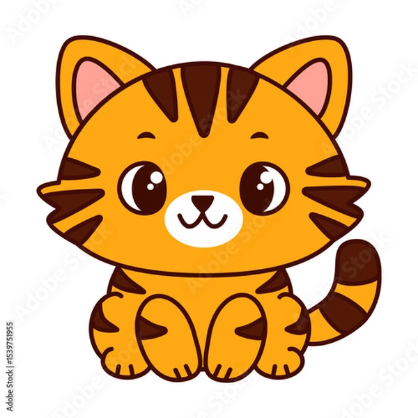 Fototapeta Cute cartoon cat with red fur and brown stripes. The cat has big, expressive eyes and a playful expression and sits up straight. Kawaii pet. Vector illustration