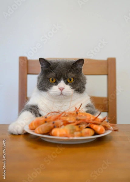 Obraz British Shorthair sitting at the table with a plate of shrimp in front of him