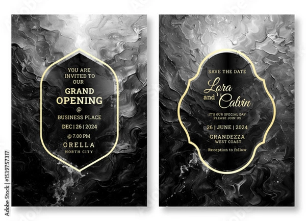 Obraz Textured wedding invitation template, business brochure template, luxury black and white flyer design, universal background, versatile vector background, creative brochure template, party invitation