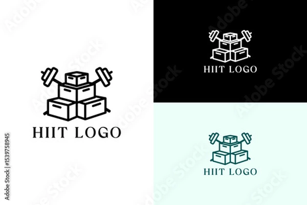 Fototapeta plyo boxes with barbell crossing behind vector illustration, logo for gym equipment, high interval training, personal trainer, workout, exercise, weightlifting, hiit, and more