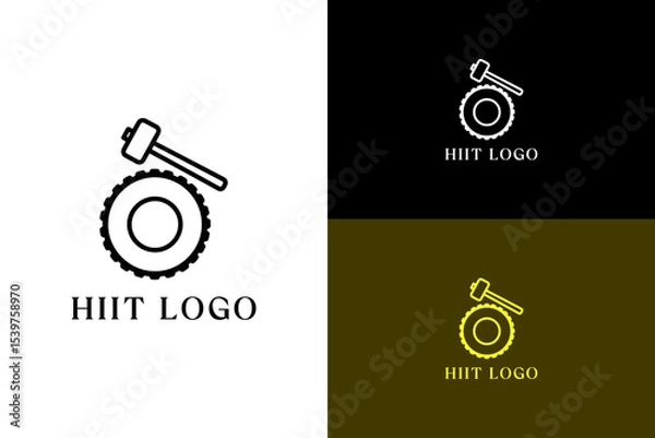 Fototapeta illustration of tire with a sledgehammer, icon, minimal, vector logo high interval training, coaching, personal trainer, health, weightlifting, wellness, workout, gym, fitness, hiit, and more 