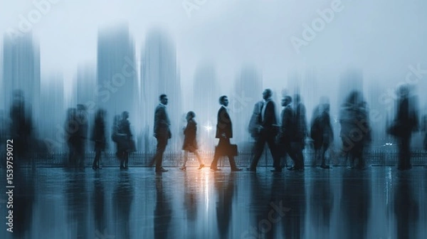 Fototapeta Generative AI. motion blur image of business people crowd walking at corporate office in city downtown, blurred background, business center concept, white color tone. High quality