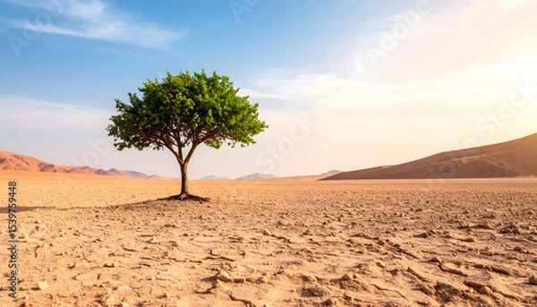 Obraz Lone dry tree in barren desert landscape with vast, arid terrain under a clear sky, symbolizing solitude and resilience