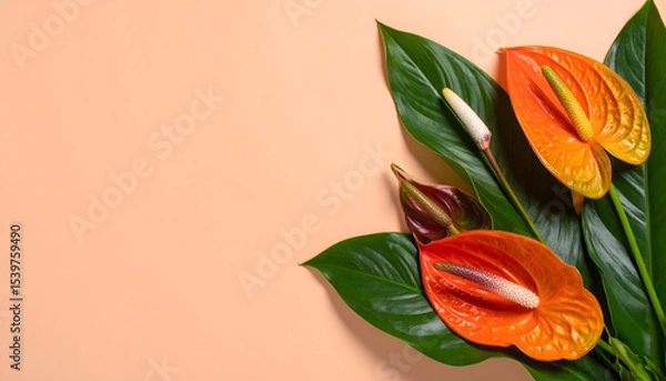 Obraz Artistic arrangement of vibrant tropical flowers and lush green leaves on a neutral background, perfect for decorative and elegant designs