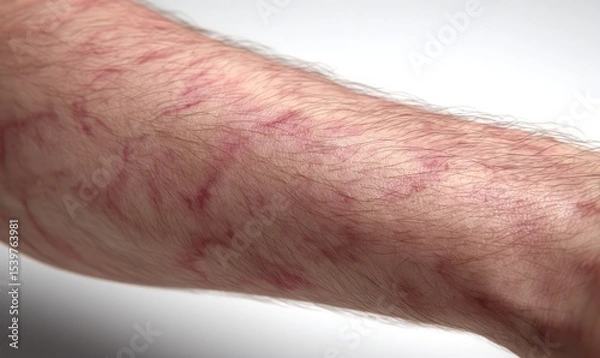 Fototapeta Close-up view of a man's arm exhibiting symptoms consistent with skin lesions or dermatological condition.  Medical image for diagnostic purposes.