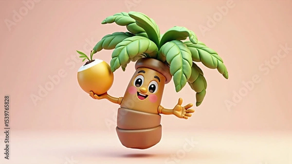 Obraz Happy cartoon coconut tree character holding a golden coconut.