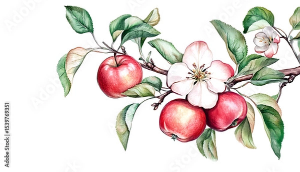 Obraz Watercolor apple branch with red fruits and flowers on transparent background