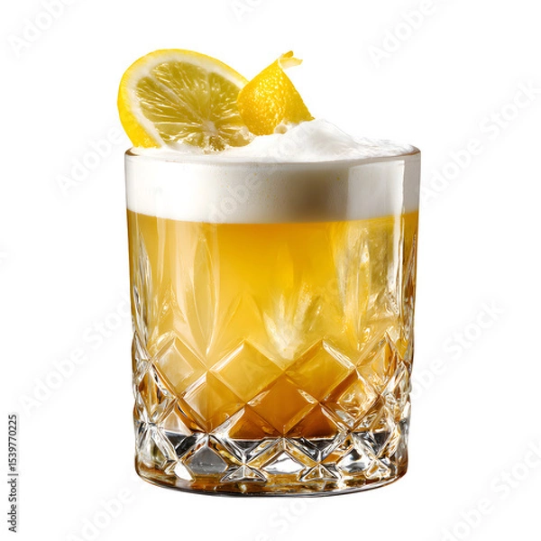 Fototapeta High-end whiskey sour with foam top, lemon twist, elegant glass