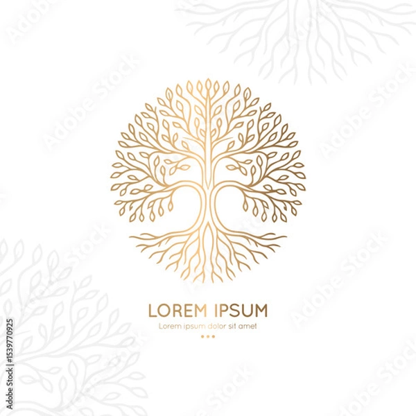 Obraz Abstract golden tree emblem on a white background. Modern illustration. Isolated vector. Great for logo, monogram, invitation, flyer, menu, brochure or any desired idea.