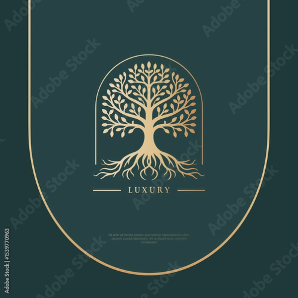 Obraz Abstract golden tree emblem on a dark green background. Modern illustration. Isolated vector. Great for logo, monogram, invitation, flyer, menu, brochure or any desired idea.