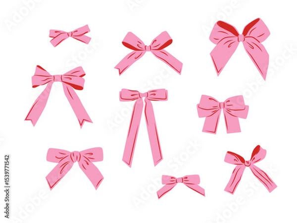 Fototapeta Simple hand drawn pink ribbon bow collection. Bowknot for decoration, big set of pinky bowtie. Large retro hand drawn