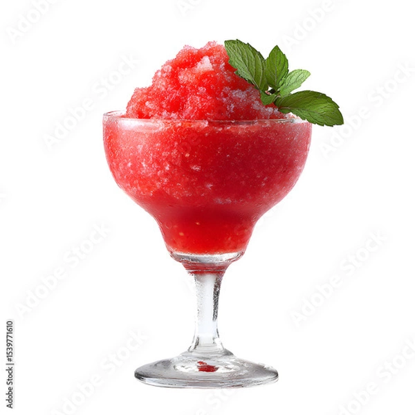 Fototapeta Mid-range shot of a frozen strawberry daiquiri, centered on white background