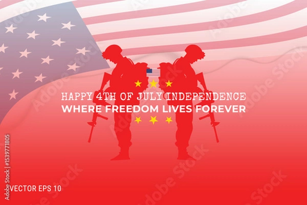 Fototapeta Happy 4th of July Independence Day with Soldiers and Waving American Flag