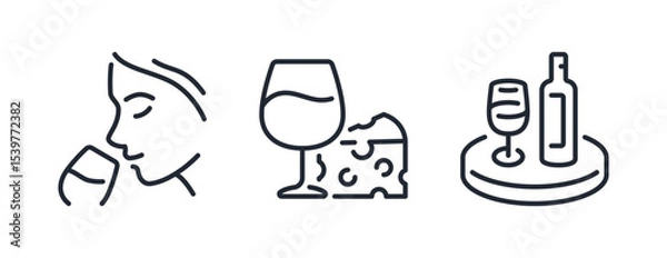 Fototapeta Wine tasting, sommelier, serving tray and cheese editable stroke outline icons set isolated on white background flat vector illustration. Pixel perfect. 64 x 64.