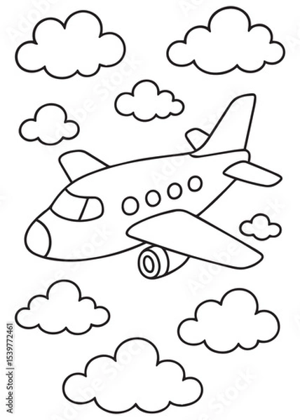 Fototapeta Coloring book airplane flying through fluffy clouds, ready for coloring fun Perfect for kids' activities