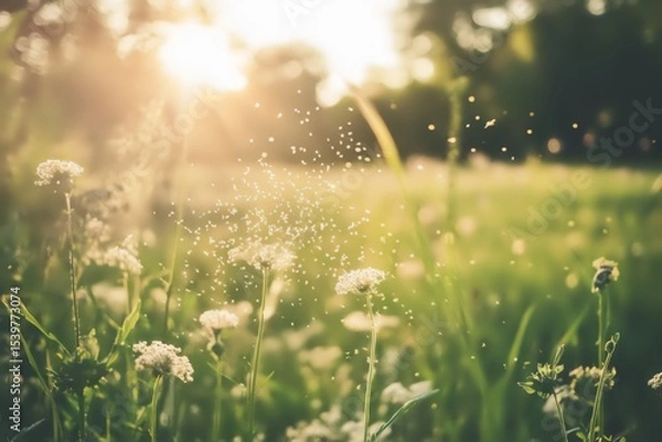 Obraz Field with flowers and floating pollen closeup