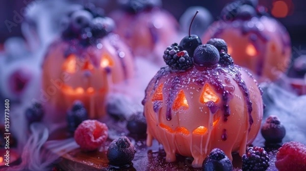 Fototapeta Glowing Halloween dessert styled as spooky jack-o'-lantern with berries and syrup, ideal for festive food decoration and themed party ideas.