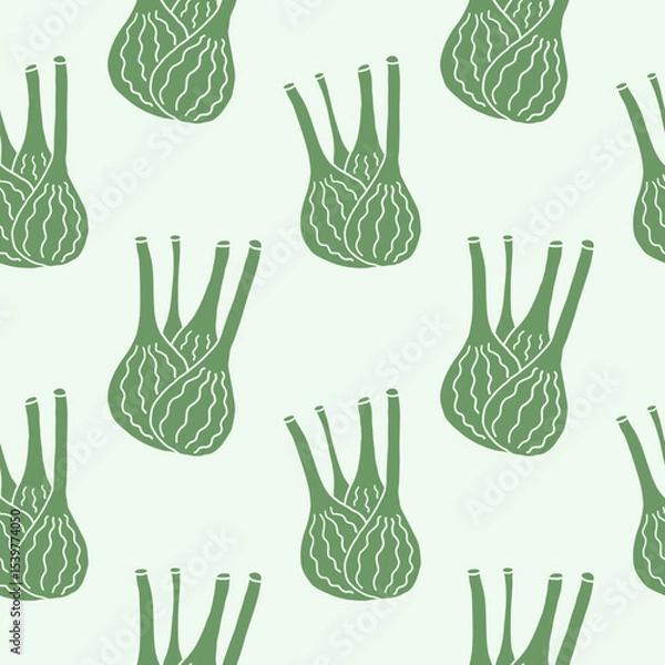 Fototapeta Fennel herb bulb seamless pattern vector illustration. Repeating background with Fennel spice herb root, stalk leaves, stem, botanical rapport. Food ingredient, medicinal plant for card, label, paper