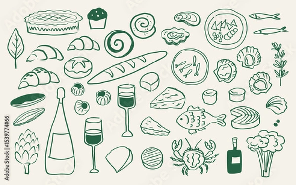 Obraz French pastries and food vector sketch on isolated background. Hand drawn Frenchy Mediterranean cuisine ingredients, croissant, baguette, seafood, wine, snails, artichoke, cheeses, eclairs,  food 