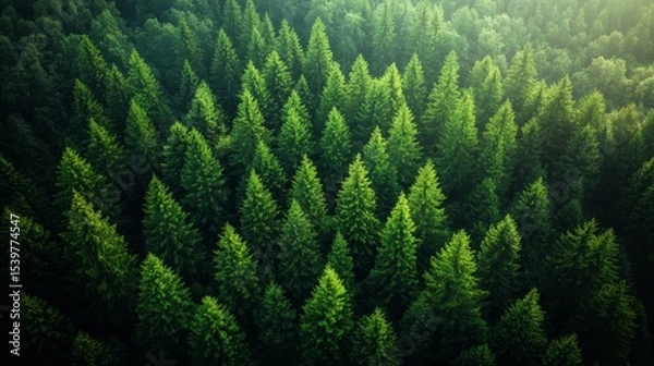 Obraz Lush Green Forest Canopy with Dense Pine Trees in Natural Setting