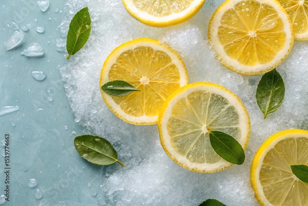 Fototapeta Background of beautiful lemon citrus fruit slices on frozen surface