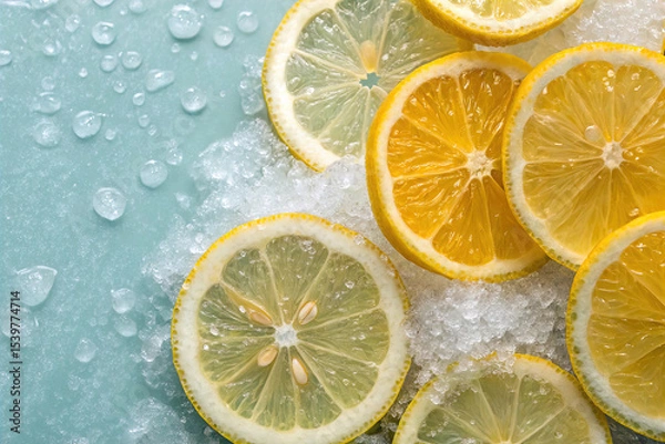 Fototapeta Background of beautiful lemon citrus fruit slices on frozen surface