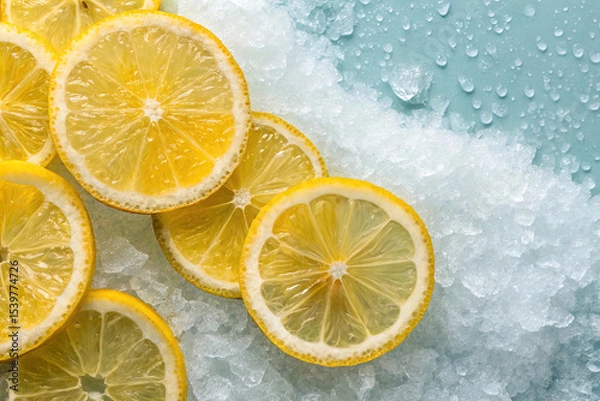 Fototapeta Background of beautiful lemon citrus fruit slices on frozen surface
