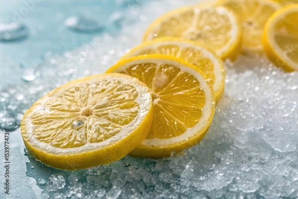 Fototapeta Background of beautiful lemon citrus fruit slices on frozen surface