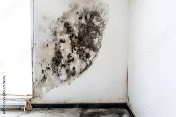 Fototapeta Mold infestation on large white abandoned wall