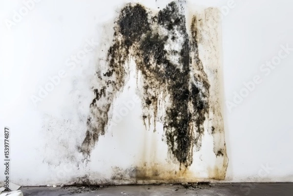 Fototapeta Mold infestation on large white abandoned wall