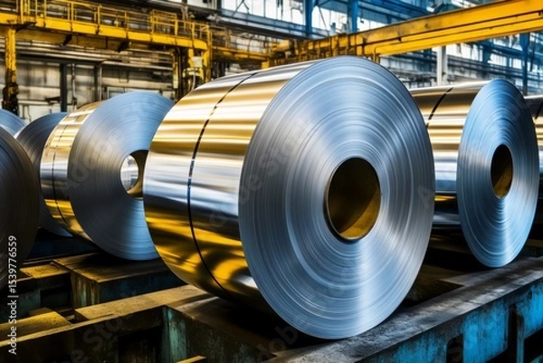 Fototapeta Rolled up Steel plates stacked for industry closeup photo