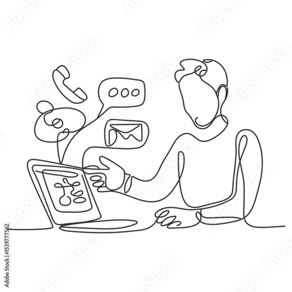 Fototapeta One line man writing and study with help laptop. Continuous one line drawing of a man. Business concept. A man sits on the floor and holding a laptop isolated on a white background.Young businessman.
