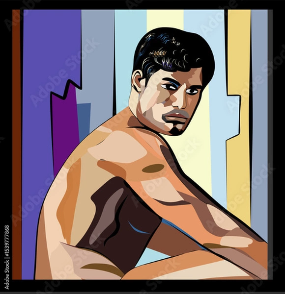 Fototapeta Colorful background,young dark haired man without a shirt