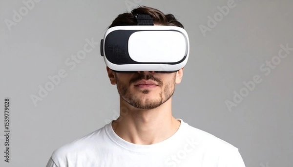 Obraz Man using VR headset with gray background.