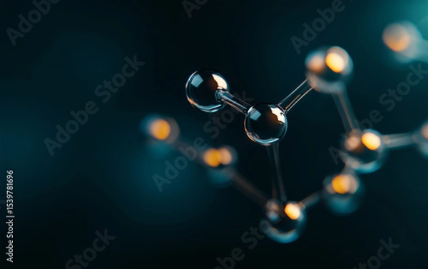 Fototapeta Molecular structure with interconnected spheres and rods against a dark background, showcasing science and technology with a modern and abstract design, featuring a shallow depth of field for science.