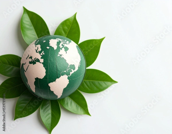 Fototapeta Conceptual image of a green globe surrounded by leaves, symbolizing environment, ecology, and sustainability on a white background.