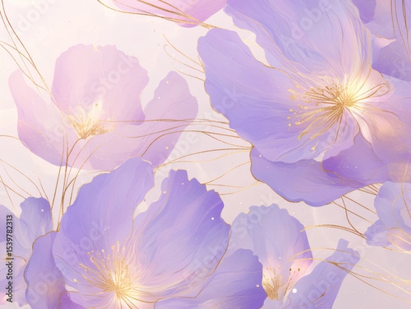 Fototapeta Illustration of light purple flowers with golden accents, creating a delicate and elegant floral design with a soft and dreamy aesthetic for graphic resources.
