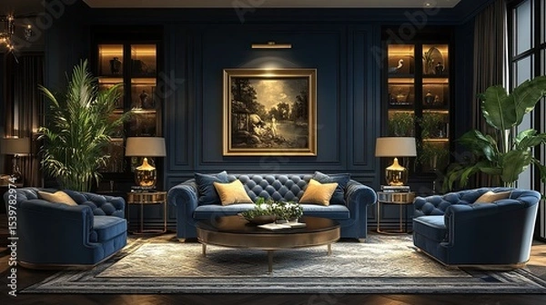 Fototapeta Classic blue color trend interior design featuring stylish furniture and decor. 3D rendering illustration. 