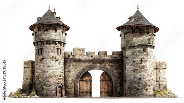 Obraz Medieval Castle Gate Entrance with Stone Towers and Wooden Doors isolated on white background