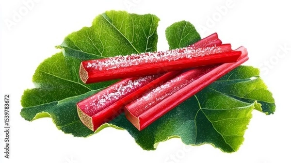 Obraz Sugar-Coated Rhubarb Stalks on a Large Green Leaf, a Vibrant Still Life Illustration isolated on white background