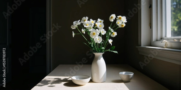 Fototapeta Still life of white flowers in a vase on a table with bowls near a window, showcasing a simple and elegant interior scene with natural light and shadows for plants & flowers.
