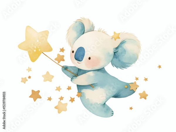 Fototapeta An illustration of a cute koala holding a star wand surrounded by stars, creating a whimsical and playful scene with a focus on animals and fantasy for animals.