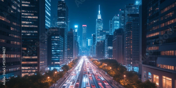 Fototapeta Night cityscape featuring illuminated skyscrapers and a busy highway with light trails from cars, showcasing modern architecture and urban transportation with a vibrant 