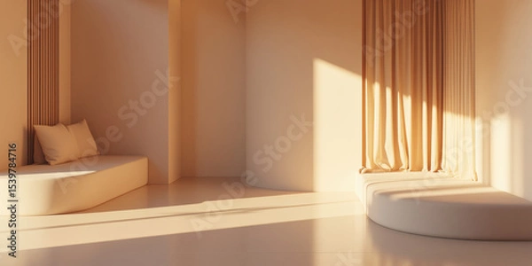 Fototapeta Minimalist interior featuring a curved platform and a cushion by a window with soft, warm sunlight, creating a serene and inviting space with neutral tones and elegant drapery for lifestyle.
