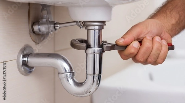 Obraz Plumber repairs leaking sink pipe using wrench for effective drain replacement and pipe cleaning in home bathroom during afternoon hours