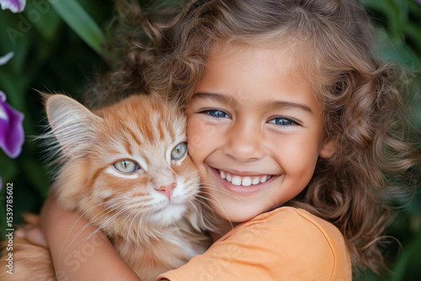 Fototapeta Girl happy smiling 5-7 years old hugging ginger cat in garden